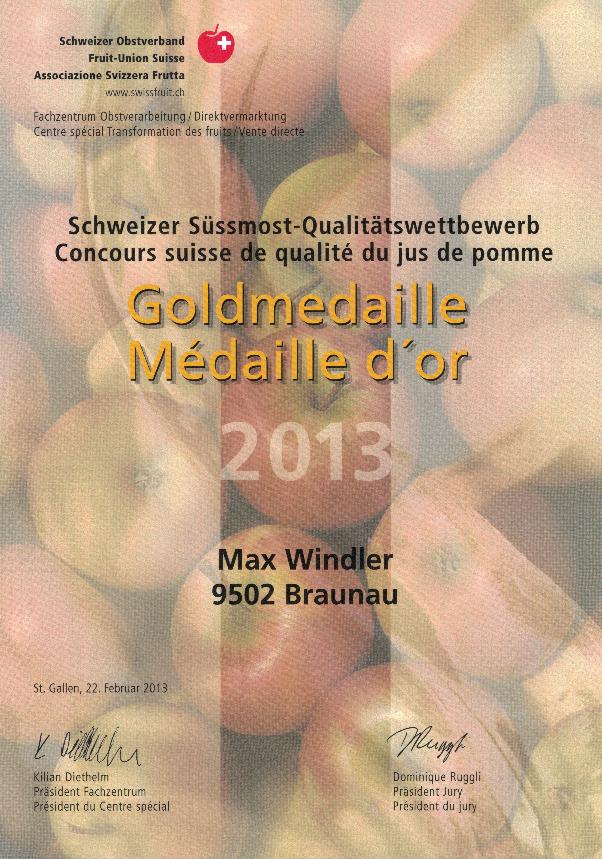 Gold-Auszeichnung 'Schweizer Süssmost-Qualitätswettbewerb' von 2013