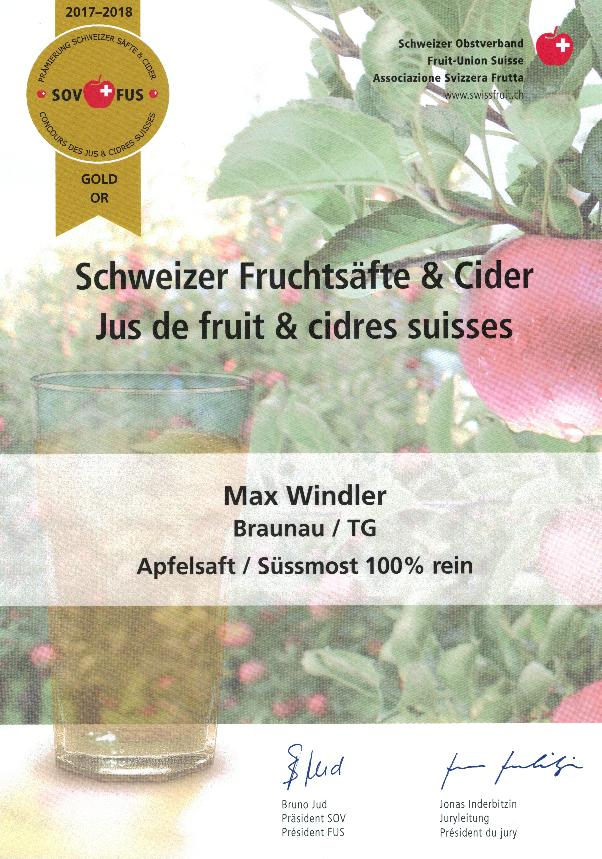 Gold-Auszeichnung 'Schweizer Säfte und Cider' von 2017-2018